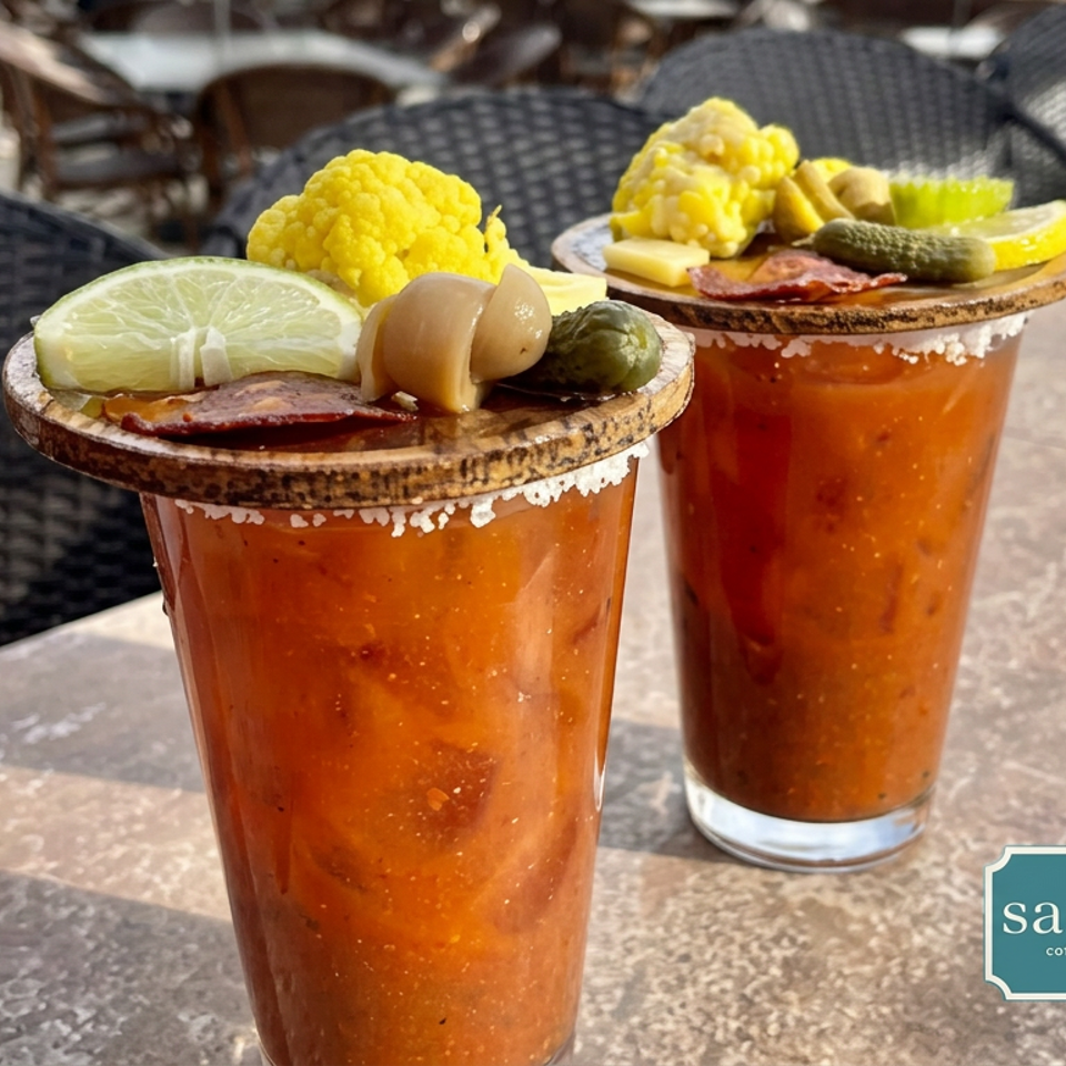 Two michelada-style tomato cocktails garnished with lime, pickles, cauliflower, bacon, and salted rims on an outdoor café table.