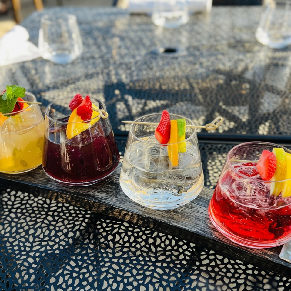 Four colorful fruit cocktails garnished with strawberries, citrus, and mint sit on a wooden serving board atop an outdoor restaurant table.