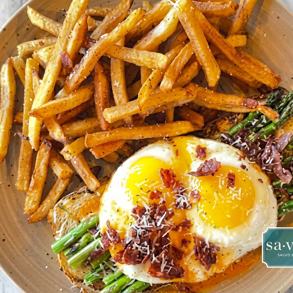 Brunch plate with sunny-side-up eggs, bacon, asparagus, toast, and seasoned fries on a ceramic plate.
