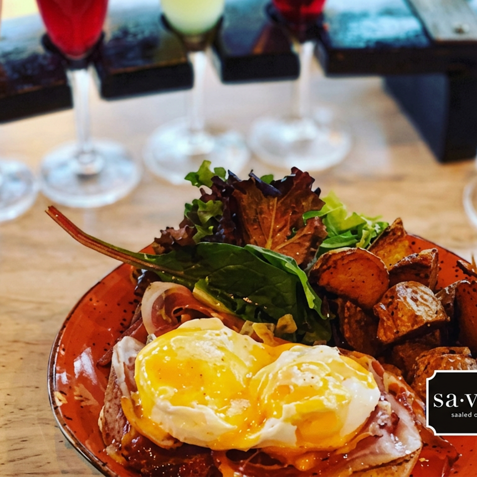 Savór brunch plate featuring two sunny-side-up eggs, toast, leafy greens, and roasted potatoes, with colorful wine glasses in the background.