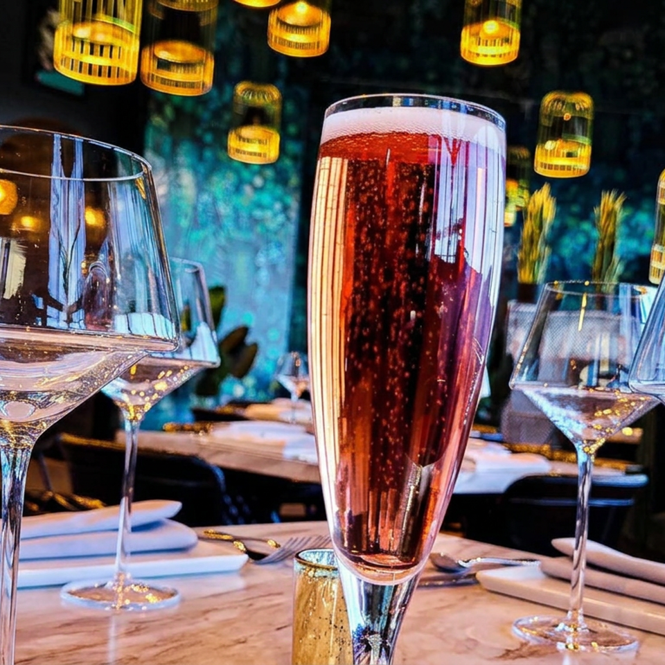 Elegant restaurant table with champagne flutes, a red sparkling drink, white napkins, and glowing birdcage pendant lights.
