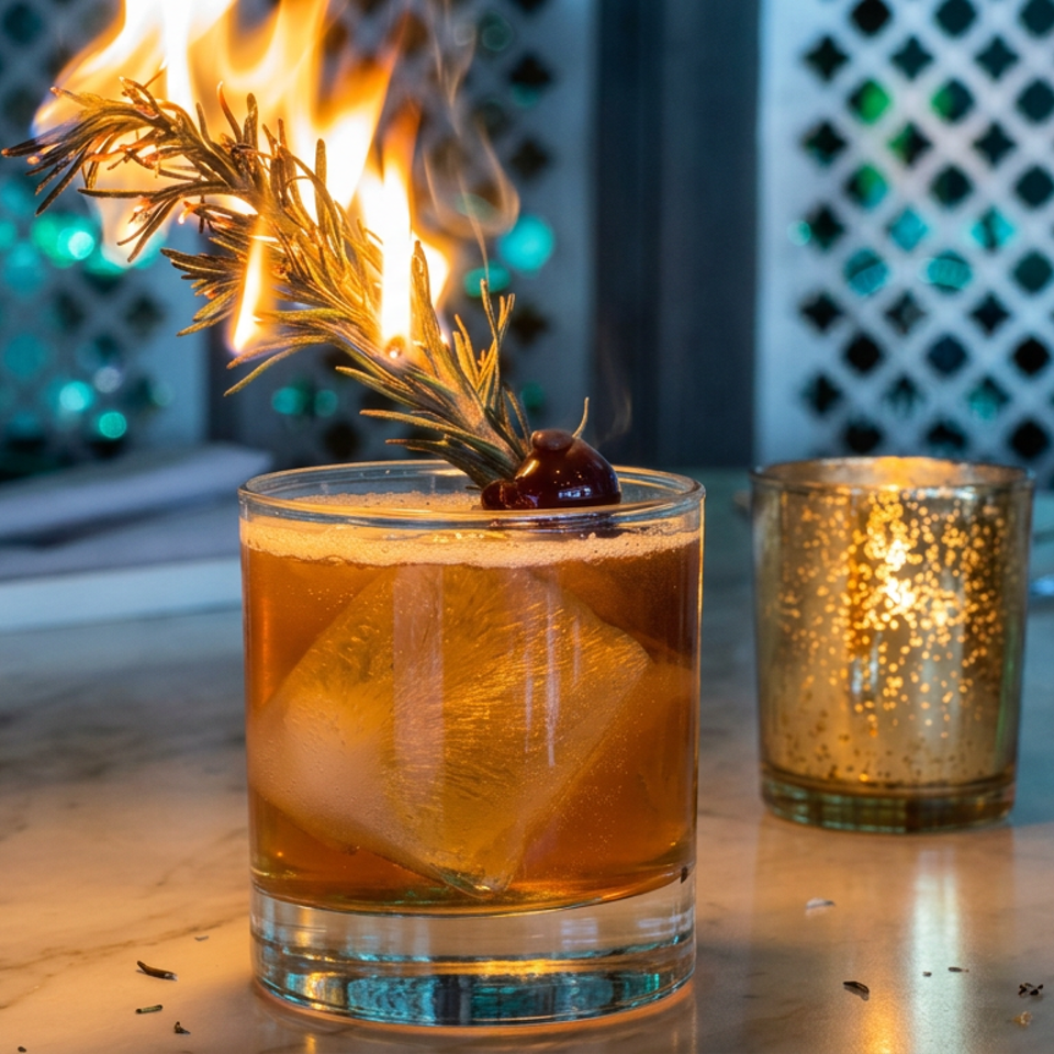 Amber cocktail with a large ice cube, cherry, and flaming rosemary garnish on a restaurant table beside a candle.