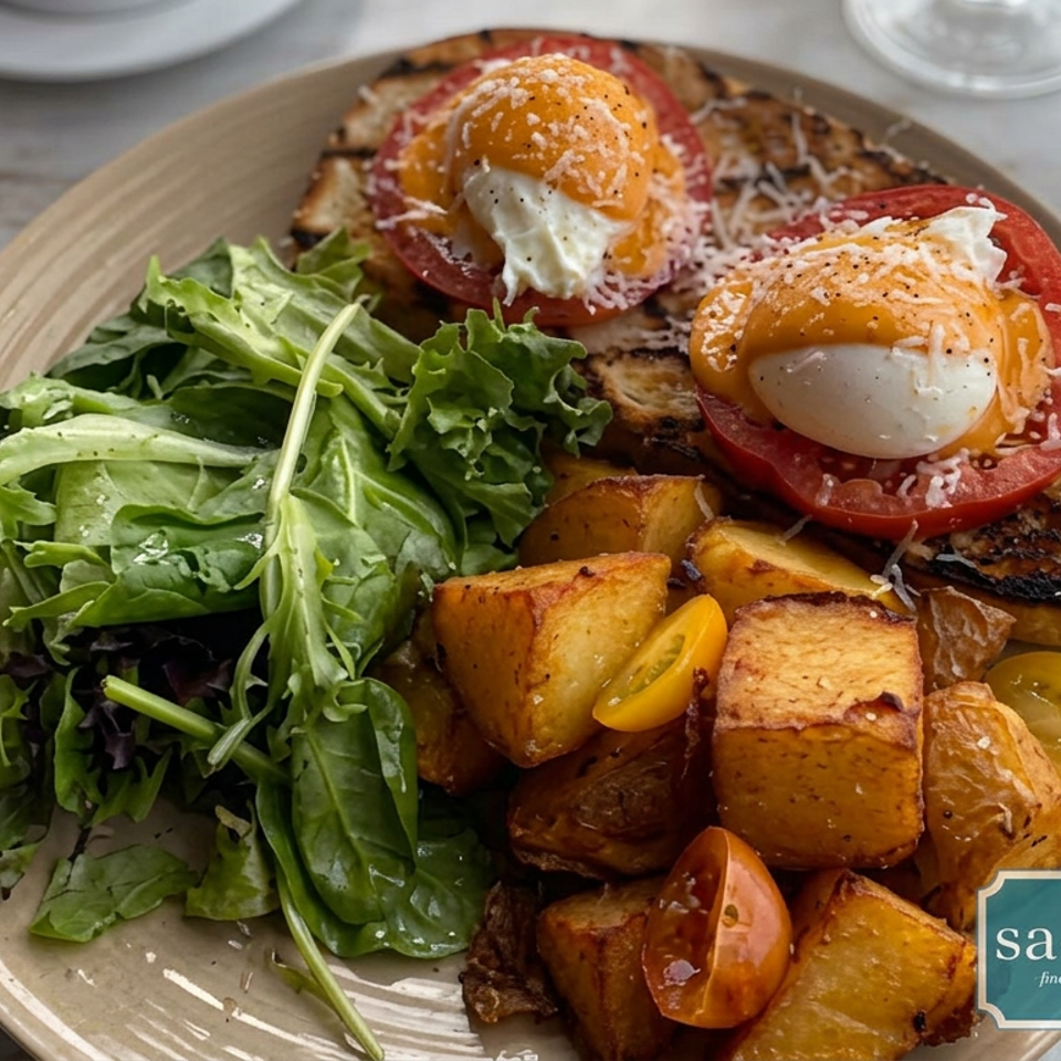 Plate of grilled toast topped with tomatoes, poached eggs, and cheese, served with greens, roasted potatoes, and cherry tomatoes.