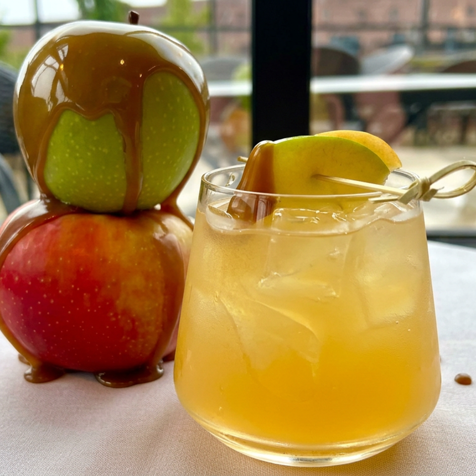 Golden cocktail with ice, citrus garnish, and skewer beside caramel-dipped apples on a restaurant table.