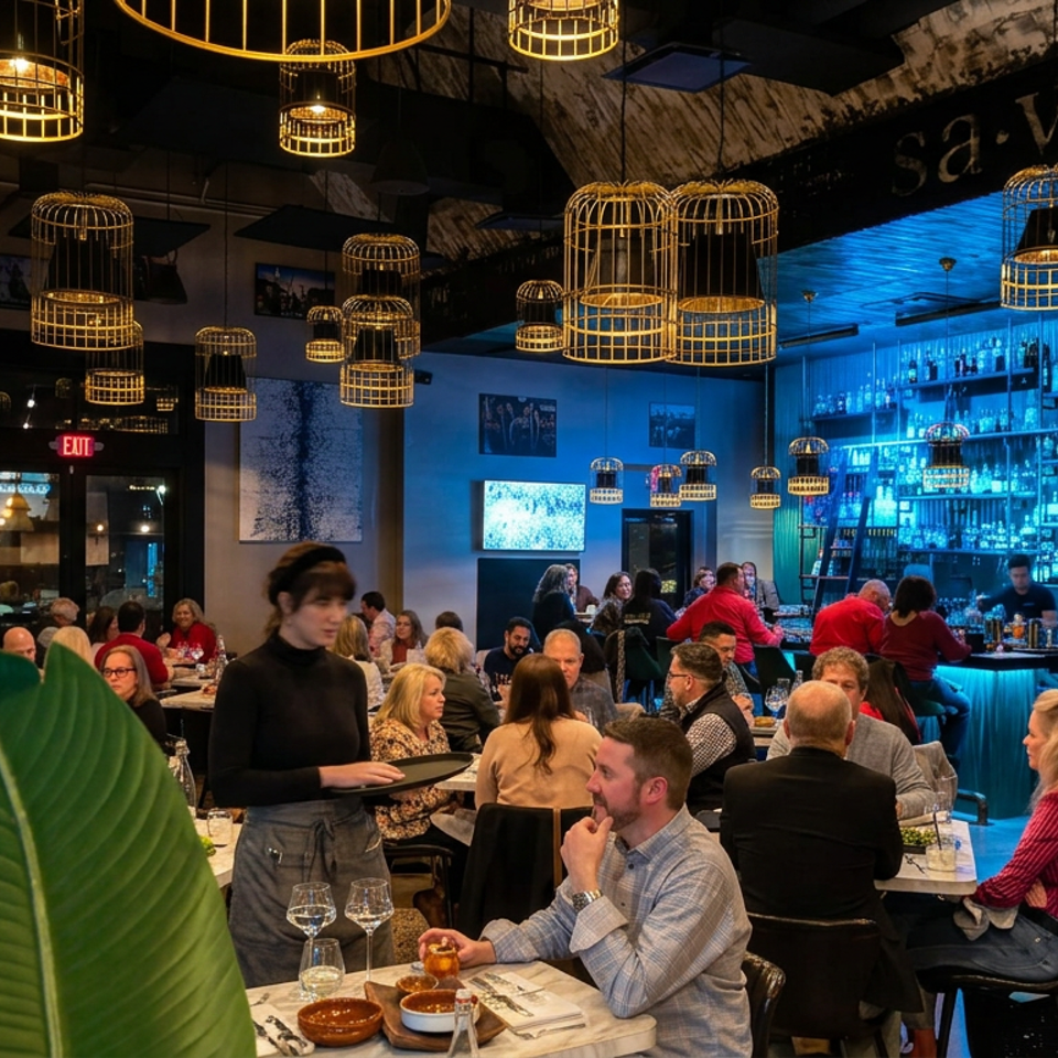 Busy modern restaurant dining room with numerous diners, birdcage pendant lights, tropical plants, and a blue-lit bar stocked with bottles.