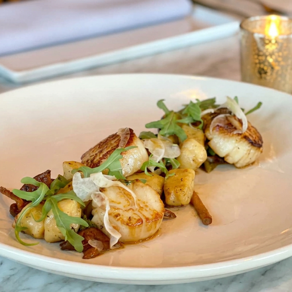 Seared scallops with roasted vegetables, arugula, and crispy garnishes served on a white plate beside a candlelit table.