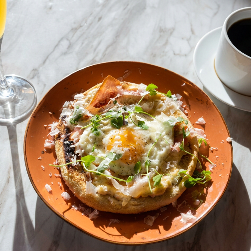 Savory waffle topped with a fried egg, creamy sauce, microgreens, and cheese, served with coffee and orange juice on a marble table.