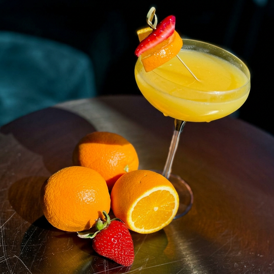 Yellow citrus cocktail garnished with strawberry and orange slices, accompanied by fresh oranges and a strawberry on a dark table.