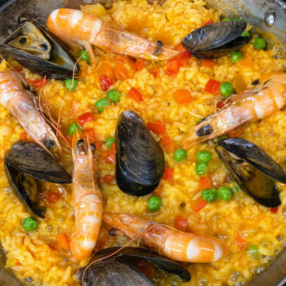 Overhead view of seafood paella with prawns, mussels, peas, and red peppers in a rustic pan.