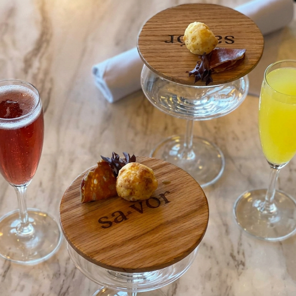 Two sparkling cocktails, one red and one yellow, accompany small savory bites on wooden Savoy coasters atop a marble table.