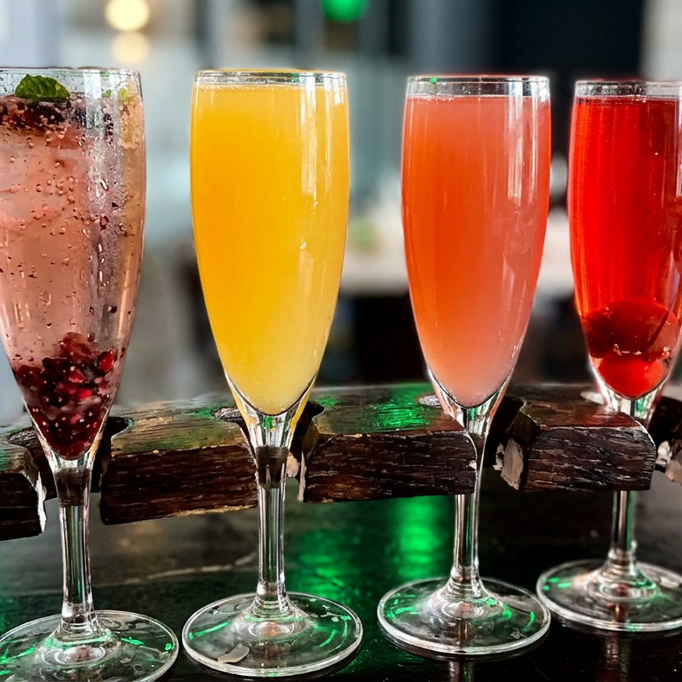Four colorful sparkling cocktails in champagne flutes sit on a rustic wooden bar in a softly lit restaurant.