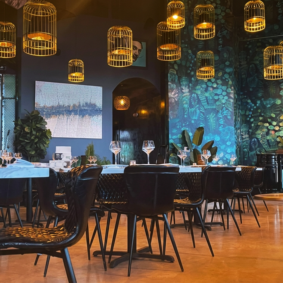 Elegant restaurant interior with set tables, wine glasses, birdcage pendant lights, tropical plants, and vibrant botanical wall murals.