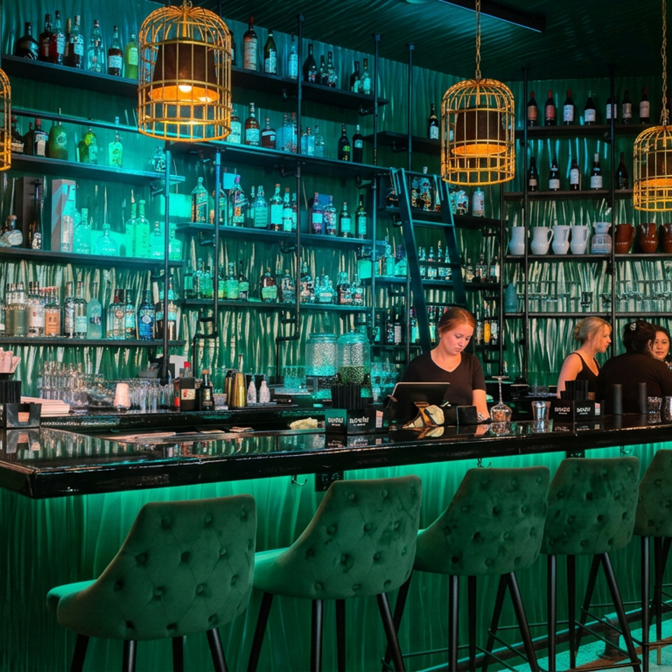 Vibrant restaurant bar with green lighting, liquor shelves, hanging birdcage lamps, velvet stools, and patrons gathered at the counter.