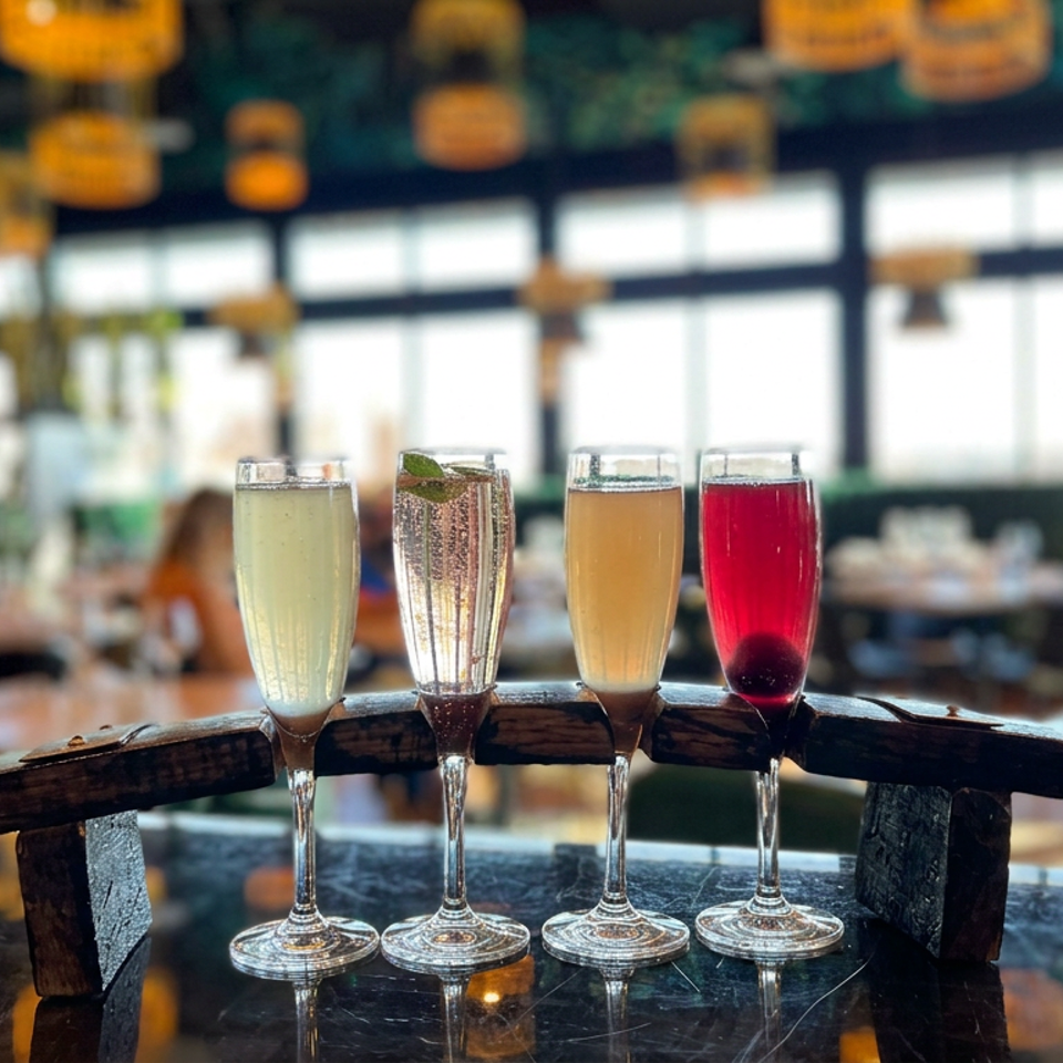 Four colorful sparkling drinks in champagne flutes arranged on a wooden flight holder at a warmly lit restaurant bar.