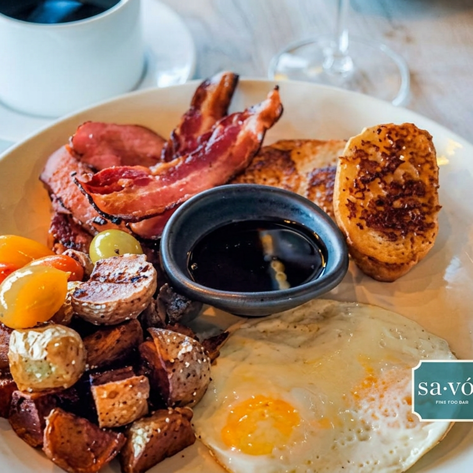 Breakfast plate with bacon, fried egg, roasted potatoes, tomatoes, toast, olives, and dipping sauce on a wooden table.