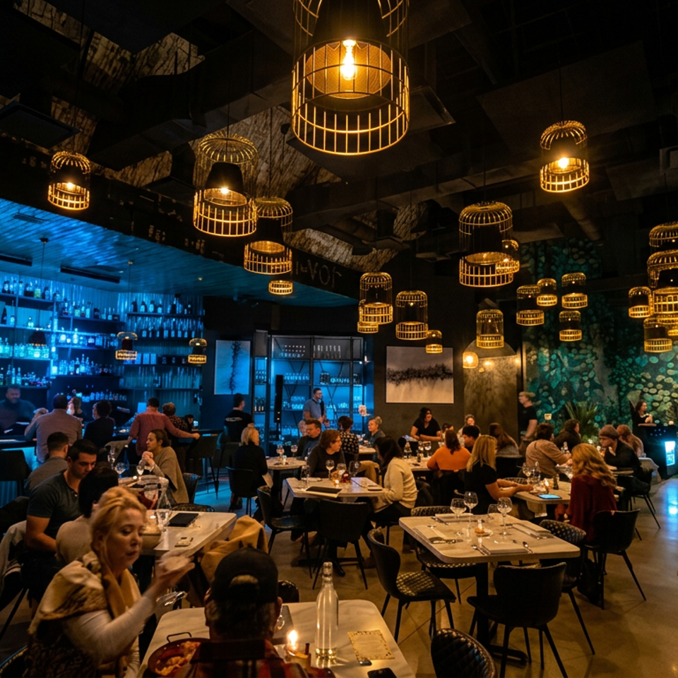 Bustling restaurant interior with diners, blue-lit bar, eclectic artwork, and numerous glowing cage-style pendant lights.
